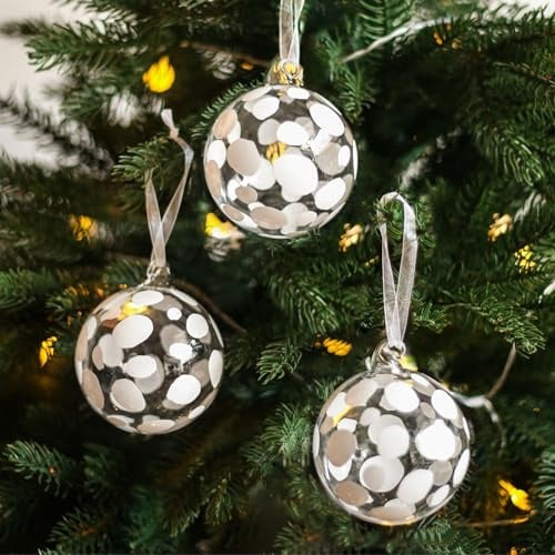 Amanman 3PACK Weihnachtskugeln aus weißem Glas, 8cm groß, mundgeblasenes Glas mit weißen, handgemalten Punkten