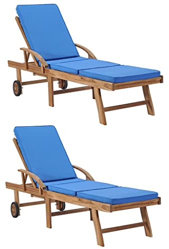 Holamys Garten Sonnenliegen Set, 2 Stück Teak Massivholz Liegen mit Blauen Auflagen, Verstellbare Rückenlehne und Fußteil, Rollen für Einfachen Transport, Ideal für Pool Terrasse Outdoor