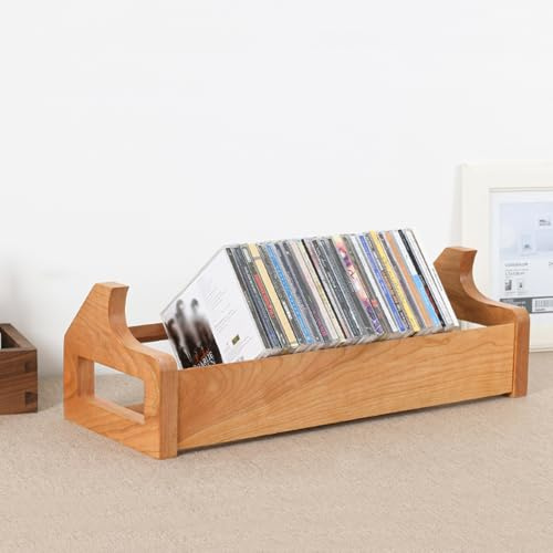Kompaktes CD-Regal aus Massivholz, Tischplatte, DVD-Medien, Holz, Schmuckkästchen für Videospiele und CDs, 49,2 x 18,8 x 15,6 cm, Kirsch-Finish