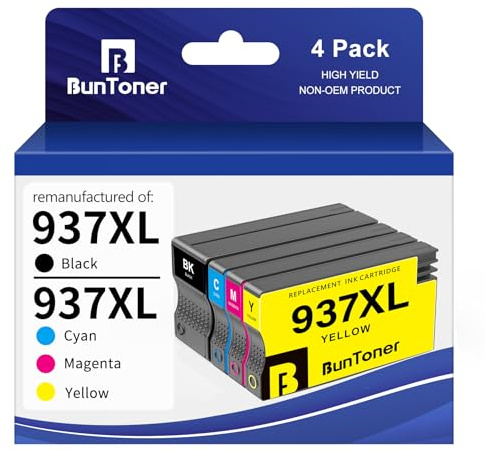 BunToner 937 XL Druckerpatronen Remanufactured für HP 937XL Multipack für HP OfficeJet Pro 9120e 9122e 9720e 9730e 9117b 9110b 9120b 9130b‎‎‎‎‎‎‎(4 Pack)