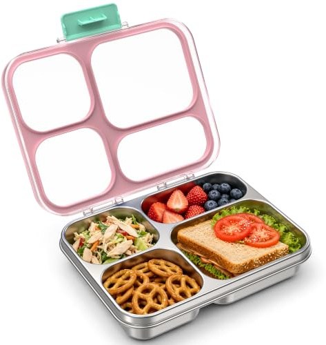 VITONIS Edelstahl Brotdose Kinder Metall Bento Lunchbox mit 4 Fächern, 930 ml Auslaufsichere Brotbox Sandwichbox Brotzeitdose Vesperdose Brotbüchse, Spülmaschinenfest Rosa