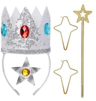 Prinzessin Kostüm Zubehör, Peach Kostüm mit Prinzessin Peach Krone Ohrringe Brosche Princess Peach Kostüm Damen für Karneval Fasching Dress Up Halloween Cosplay， Halskette3-9 Jahre