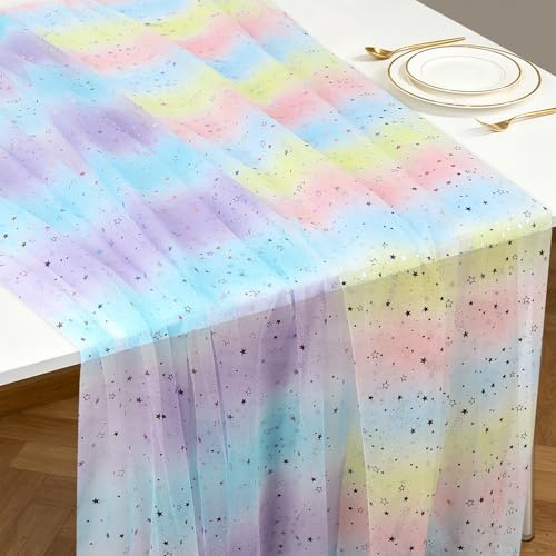 2 Stück Regenbogen Tüll, 150 x 100cm, Glitzer Organza Stoff, Gradient Farbe | Tüll Stoff, Blau-Violett, Rosa-Gelb, Polyester, Atmungsfähig, Schnittbar, für DIY, für Bekleidung, für Hochzeit Deko