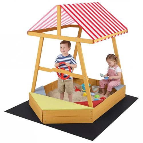 COSTWAY Sandkasten mit Dach, Schiff Sandkiste aus Holz mit Steuerrad, 4 Ecksitzen & Bodenplane, Sandbox Outdoor für Kinder ab 18 Monaten, 103 x 135 x 140 cm
