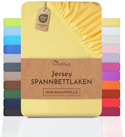 NatureMark Jersey Spannbettlaken, Spannbetttuch 100% Baumwolle in vielen Größen und Farben MARKENQUALITÄT ÖKOTEX Standard 100 | 200x220 cm +40 Steg - gelb