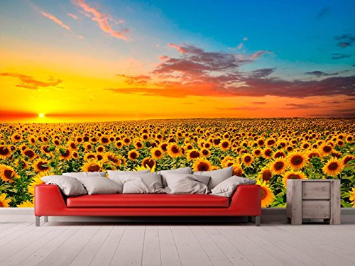 Fotomural Vinilo Para Pared Atardecer Campo de Girasoles | Fotomural para paredes | Mural | Vinilo Decorativo | Varias Medidas 200 x 150 cm | Decoración comedores, salones, habitaciones...