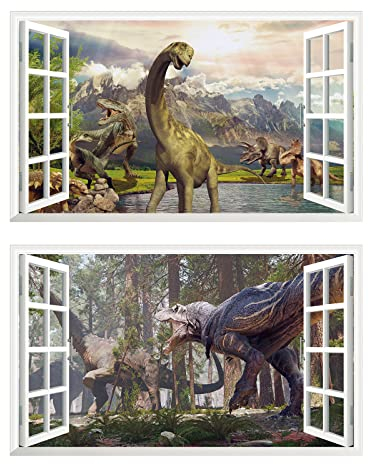 2Pcs Dinosaurier Dino Urzeit T-rex Wandtattoo 3D Effekt XXL Wanddurchbruch Fenster Wandaufkleber für Kinderzimmer Jungenzimmer Groß 1000mmx600mm