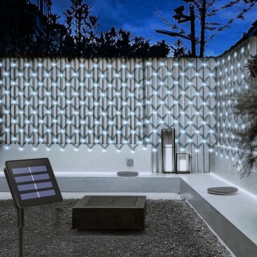 CCILAND Solar Net Lights Outdoor Garden, 3m x 2m 200 LED Net Lights Green Wire Auto On/Off 8 Modes Net Lights String for Patio Fence Gazebo Anniversary Wedding Decor - Cool White