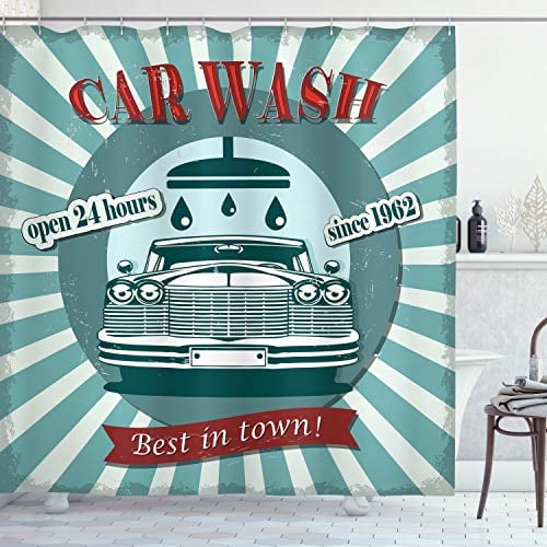 ABAKUHAUS Retro Duschvorhang, Car Wash Sign Gewerbe, Stoffliches Gewebe Badezimmerdekorationsset mit Haken, 175 x 180 cm, Red Teal