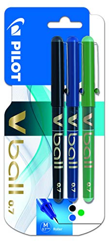 PILOT Vball 7 - Bolígrafo de punta fina y tinta negra (punta rodante de 0,7 mm, paquete 3 unidades, color Assorted