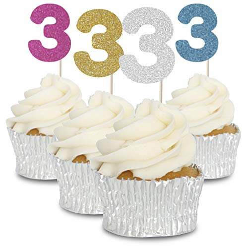 Number 3 Glitter Number Cupcake Toppers - 12pk﻿ (Blue Glitter)