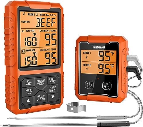 Fleischthermometer Grillthermometer Funk, Yunbaoit Digital BBQ Thermometer Bratenthermometer, 500 FT Küchenthermometer kabellos mit 2 Edelstahlsonde, Sofortiges Auslesen, für BBQ Ofen Grills Braten