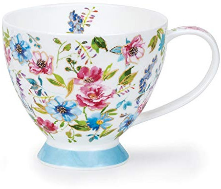 SK-FLEU-BL Tasse en porcelaine anglaise Motif fleurs Bleu Or 22 carats 0,42 l