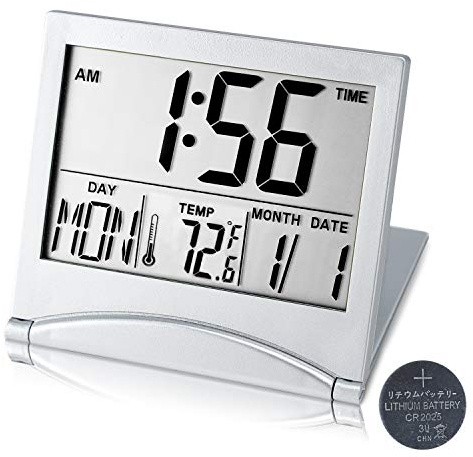 KANBIT Digital Travel Alarm Clock Battery Operated, Portable Large Number Display Alarm Clock with Temperature,12/24 H Small Desk Clock -Silver (NO Light)