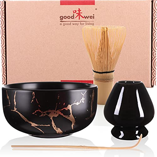 Goodwei Matcha Set komplett mit Matchabesen, Matcha Löffel und Matcha Schale aus Keramik passendem Besenhalter | Moderne Teeschale Chawan mit goldener Marmorierung (Schwarz, 80er Besen)