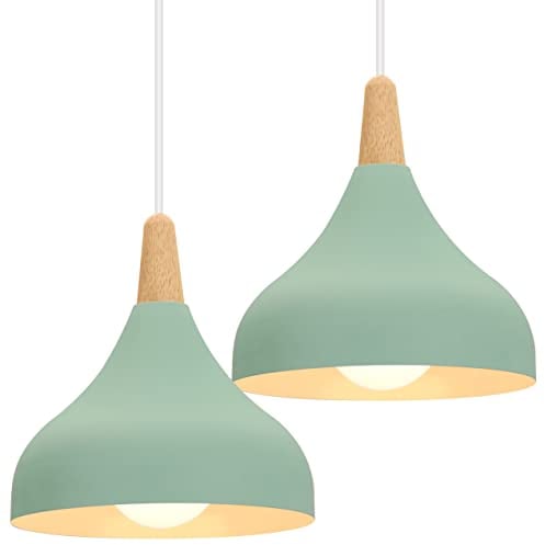 iDEGU Hängelampe Retro E27 Hängeleuchte Moderne Tropfenförmig Hut Deckenleuchte aus Metall Holz Pendelleuchte für Schlafzimmer Esszimmer Küche (Grün, 2 Stücke)