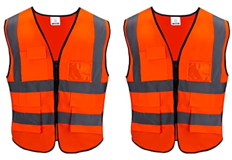 ChuerTech Sicherheitsweste, 2 PCS Warnweste Reflektierendes WarnschutzWeste, Zertifiziert Warnweste mit Reflektorstreifen mit Reißverschluss und Taschen Arbeitsweste - Orange