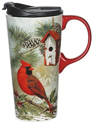 Topadorn Ceramic Travel Mugs with Matching Gift Box 17oz Coffee Mug with Handle and Lid, Microwave & Dishwasher Safe Coffee Tumbler, Cardinal Bird