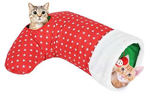 Pawaboo Katzenspielzeug, 2 Wege Weihnachtssocke Spieltunnel Weihnachten Tunnel Spielzeug mit Crinkle Papier und Federstahlrahmen Interaktives Spielzeug Kleintier Röhr für Kätzchen, Rot