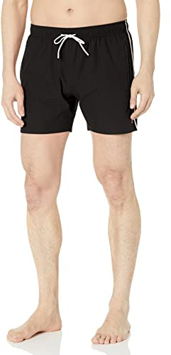 BOSS Men's Solid Swim Trunk with Iconic Side Stripe, Dark Black, Large