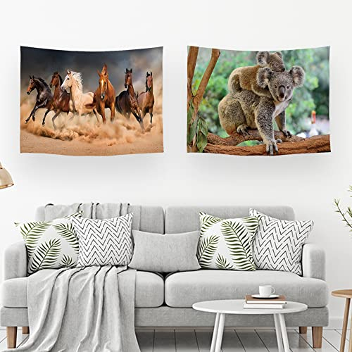 Ulticool – Wandteppich Dekoration Wohnung - Pferde Sand Natur Koala Tiere - Braun Grün Beige - Set von 2 Motiven – 73 cm x 95 cm - Wandtuch