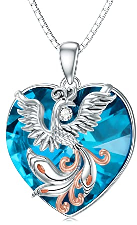 Flpruy Phönix Halskette 925 Sterling Silber Phönix Geschenke Herz Blaue Kristall Anhänger Halskette Vogel Phönix Schmuck Geschenke für Damen Mädchen Geburtstagsgeschenke