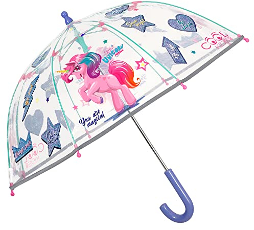Einhorn Regenschirm Transparent für Kinder Mädchen - Regen Schirm Robust Windfest für Kleinkind 3 4 5 6 Jahre - Unicorn Sterne Herzen Stockschirm mit Sicherheitsöffnung - Durchmesser 64 cm (Blau)