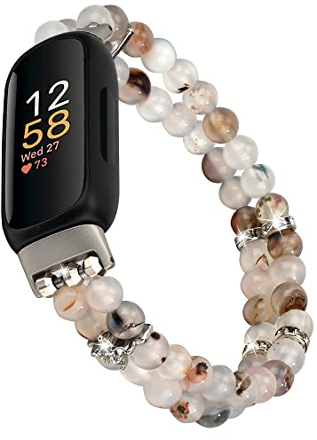 iLVANYA Beaded Bracelet Compatible for Fitbit Inspire 3 for Women,Fashion Handmade Pearl Beads Elastic Stretch Watch Band for Fitbit Inspire 3 Fitness Tracker (Grass Flower Agate)