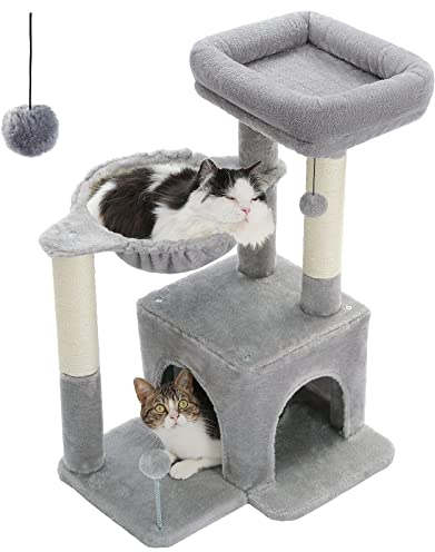 PAWZ Road Kratzbaum, Kleiner Katzenturm [75CM] mit großer Hängematte, 2 Arten von Katzen Aktivität Baum mit Sisal Katze Kratzbaum, interaktive Danging Ball für Indoor-Katzen grau