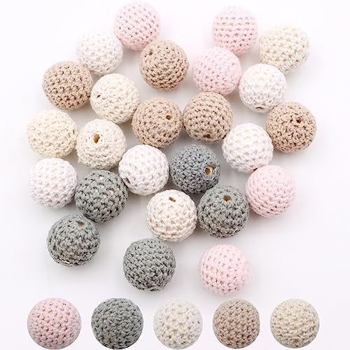 ZOCONE 30pcs Gehäkelt Holzperlen, Häkelperlen 16 mm Bunte Garn Holzkugeln Mit Fädellöchern Handgefertigte Holzkugeln Für DIY Halskette Armband Häkelperlen (dunkelgrau)