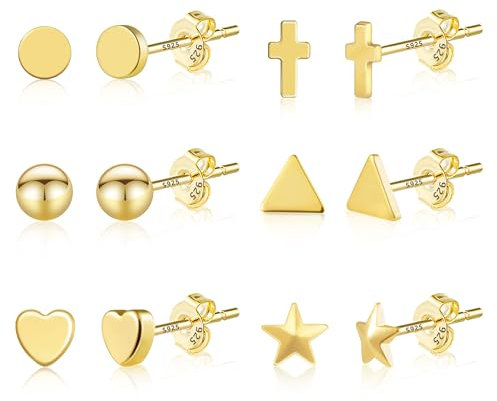 ASH'S CHOICE Gold Stud Earrings For Women, 6 Pairs Multipack 925 Sterling Silver 9ct Gold Stud Earrings Set, Small Gold Earrings Cross Star Heart Round Ball Studs Sleeper Cartilage Earrings For Women