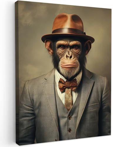MuchoWow© Impression sur Toile Photo Peinture 60x80 cm Tableau Decoration Murale Chambre Salon Maison Deco Cuisine Vintage - Singe - Chapeau - Costume - Gris - Animaux - Chimpanzé