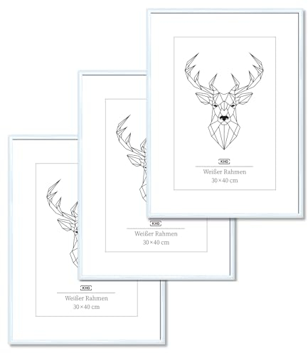 KHG 3er Set Bilderrahmen aus Kunststoff mit stabilem Glas und Passepartout, zum Aufhängen oder Hinstellen, Ideal für Portraits, Urkunden, Poster - weiß, 30x40 cm