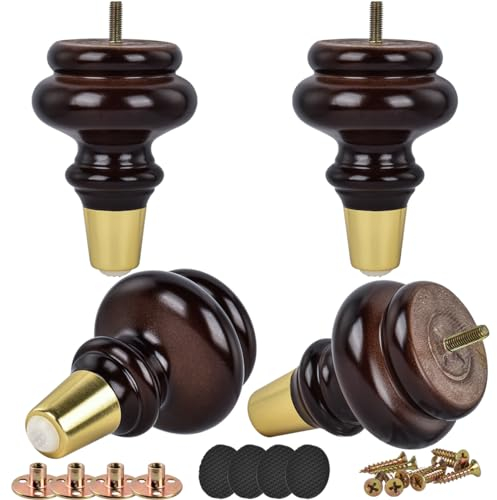 Btowin Lot de 4 pieds de meubles en bois massif de 15 cm, pieds de chignon modernes du milieu du siècle en noyer tourné avec boulons de suspension filetés M8, plaque de montage et vis pour canapé,