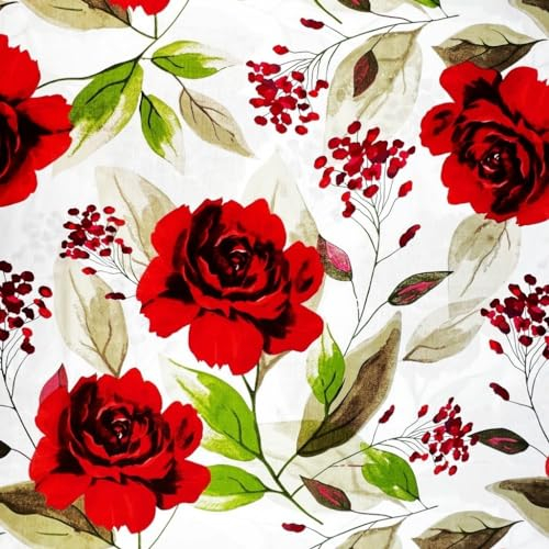Textrend Stoffe als Meterware Baumwolle - Nähen - Stoff 100% Baumwolle - Muster Blumen und Pflanzen - Textilien 1x2,2 m (Große rote Rosen auf weißem Hintergrund)