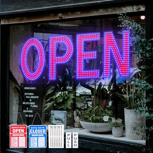 Cartello aperto per affari, 101,6 x 35,6 cm, dimmerabile, grande, a LED, con installazione da appendere, per bar, pub, negozi, ristoranti, uffici, hotel, saloni, colore: rosso e blu