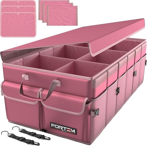 FORTEM Organisateur de Coffre Voiture, Rangement Pliable SUV Multi Compartiments, Accessoires Auto pour Femme Homme, Tissu Oxford 600D, Fond Antidérapant, Sangles de Fixation, Couvercle Souple (85L)