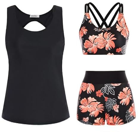JASAMBAC Tankini Mit Shorts,Badeanzug Damen Bauchweg.3-Teiliger Bikini Damen Set,Push-Up-Bikinioberteil Und High Waist Badeshorts,Einfache Badebekleidung, Sport-BadeanzüGe