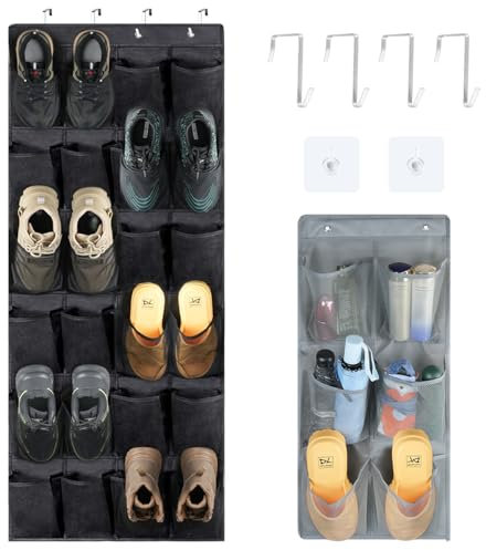 IBEQUEM 2Pcs Over the Door Shoe Organizer, 24 Large Pockets Hanging Shoe Rack Holder and 6 Rv Mesh Shoe Storage Pockets, Wall Mounted Shoes Rack for Closet Storage Hanging Shoe Organizer
