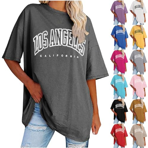 Tshirt Damen Oversize - Einfarbig Los Angeles Druck Tshirt, T-Shirt Damen Elegant Sport Lässig Tshirt Pullover Baggy Sportshirt Oberteil Longshirt Blusen Party Top Longbluse Oversize Tshirt