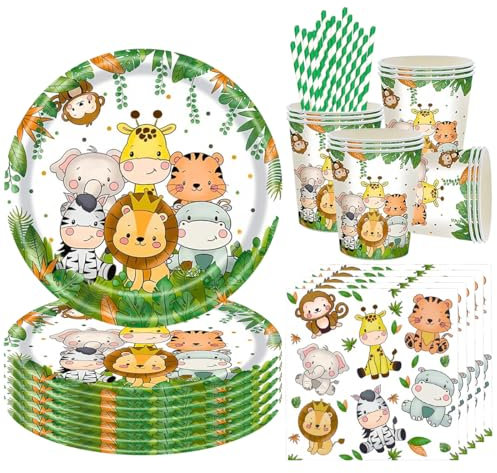 68 Pièce Assortiments Jungle Vaisselle de Fete, Vaisselle Anniversaire Jungle, Decoration Anniversaire Animaux Assiette Tasse Serviette
