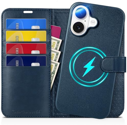 TUCCH Case for iPhone 16 (6.1) 2024, [2 in 1]Detachable Wallet Case with[RFID Blocking][Wireless Charging][Card Slots][Viewing Stand]Shockproof Magnetic PU Leather Removable Folding Case, Full Blue