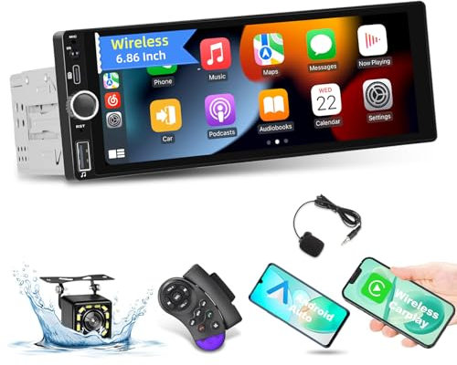 1 Din Radio Coche Bluetooth Pantalla con Carplay Inalámbricas y Android Auto - 6,86 Pulgadas Pantalla Táctil IPS Autoradio con Radio FM/RDS, Bluetooth, Puerto TF/AUX/USB/Tipo-C, Cámara de Marcha Atrás