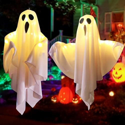 Umikk 2 Stück Glühen Hängende Geister Mit LED Lichtern, Halloween Deko Leuchtend für Innen Außen Garten Party Dekoration