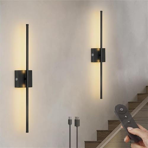 LED Applique Murale Batterie Interieur Luminaire Mural Dimmable avec Télécommande Lampe Murale avec USB Rechargeable Sans Fil Applique Murale avec Rotation 360° Pour Chambre Couloir (Noir,2 Pièces)