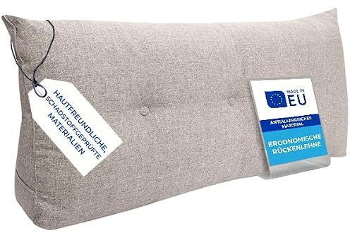 Pillows24 Rückenkissen für Bett & Sofa 160cm, abnehmbarem Bezug | Bequemes Keilkissen und Lesekissen fürs Bett, waschbarem Bezug, Großes Sofakissen für Rückenlehne und Sofa, Grau