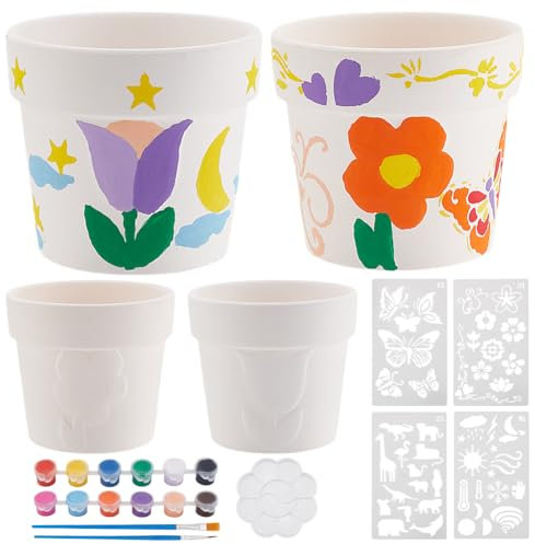 WEBEEDY 2 Styles Flower Pot Ceramic Painting Kit Paint Your Own Ceremic Pottery Pots Paintable Ceramic Succulent Plant Pots DIY Pottery Starter Kit for Adults, with Stencils,Paint Brushes,Palettes