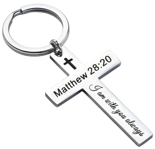 Schlüsselanhänger Christlich - Kreuz mit Bibelvers Gravur - Silberfarben (Matthew 28:20)