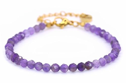Echtes Amethyst Edelstein Armband mit facettierten 4mm Perlen - Länge verstellbar - Heilstein Schutzstein Edelsteinarmband Glücksbringer Talisman Geschenk (Amethyst, 16-21CM G)