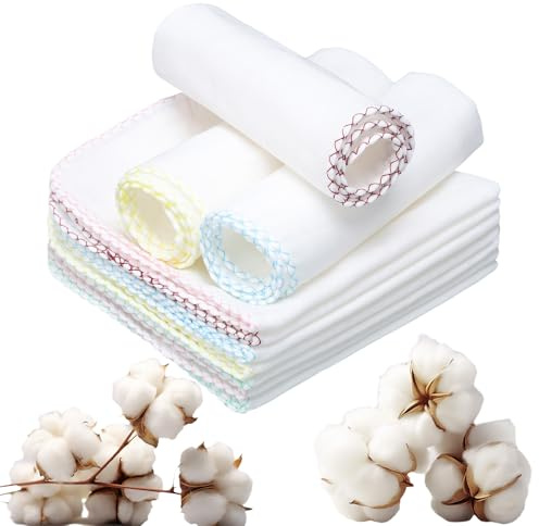 10 panni in mussola per il viso, 30,5 x 30,5 cm, in mussola di cotone, riutilizzabili, per la rimozione del trucco e la pulizia del viso (bordo multicolore)